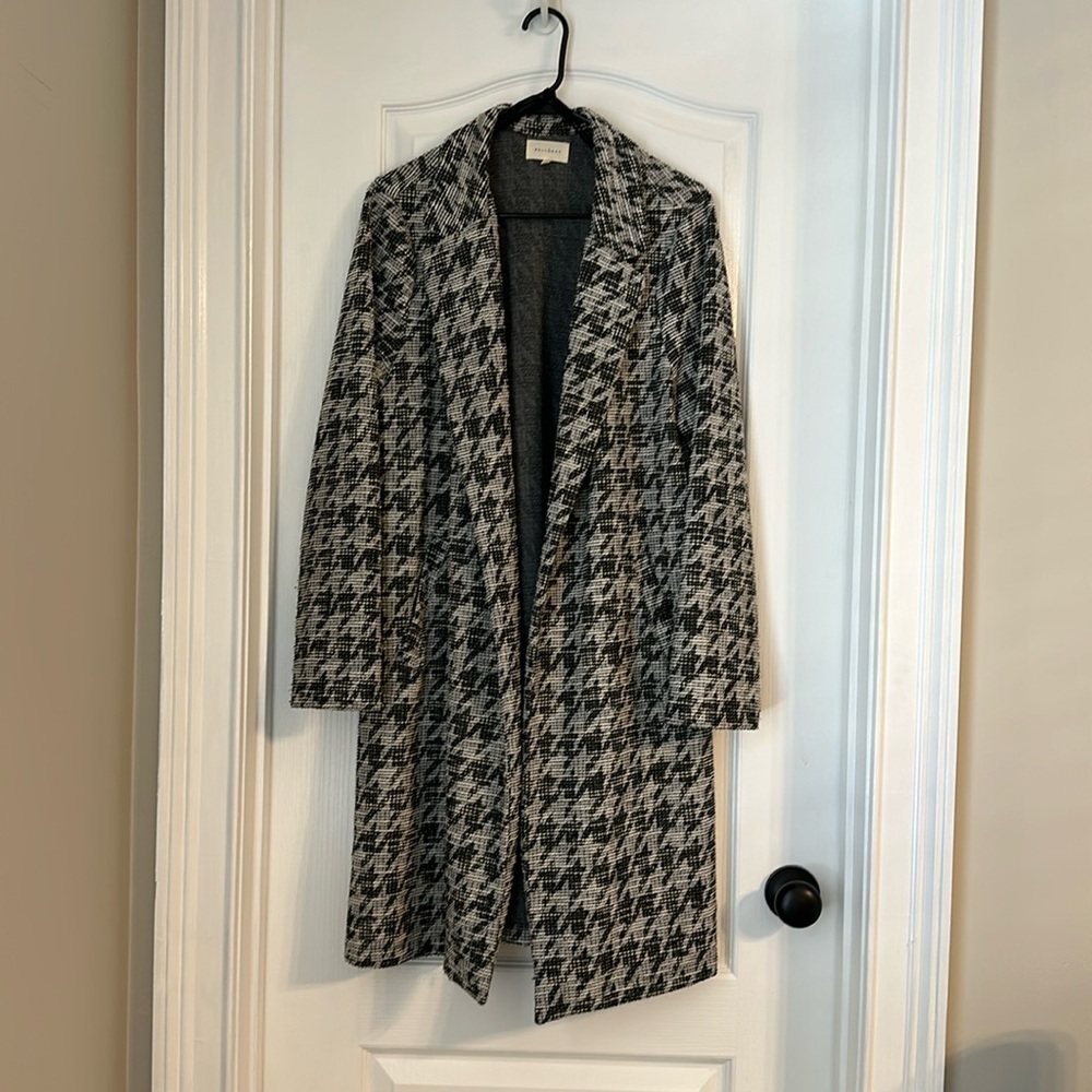 MELLODAY - Longline Lightweight Knit Plaid Neutral Coat - Size Large
